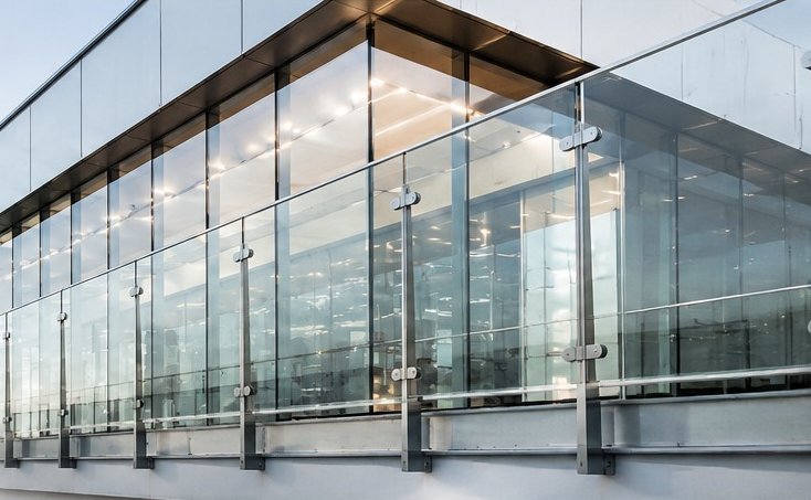 Frameless glass balustrade with stainless steel fittings on a modern building