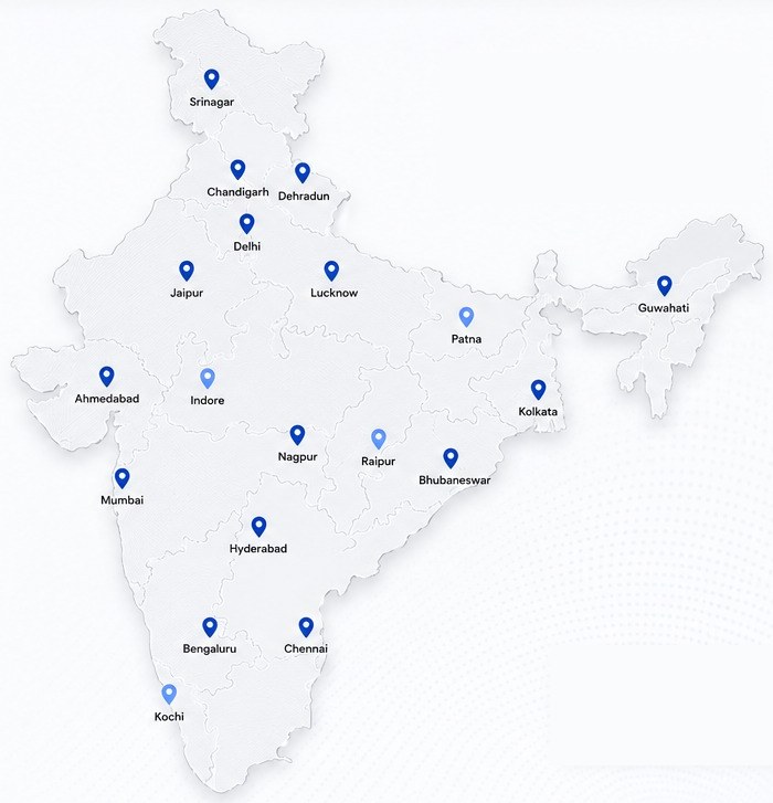 Map of India marking GLASOFIT dealer cities including Srinagar, Delhi, Jaipur, Ahmedabad, Mumbai, Hyderabad, Bengaluru, Chennai, Kolkata and Guwahati